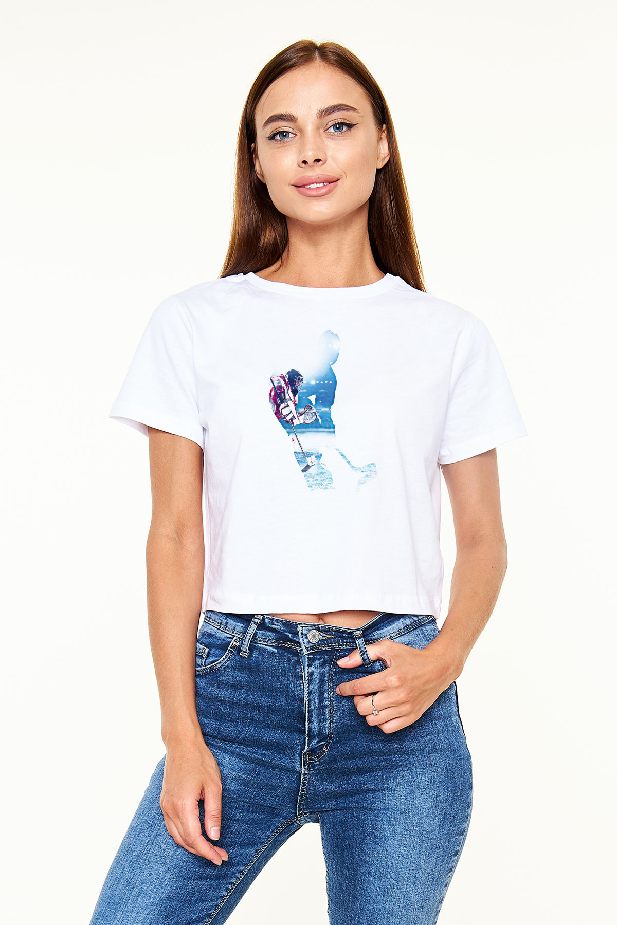 Hokey Baskılı Crop Top Beyaz Tişört - T-shirt
