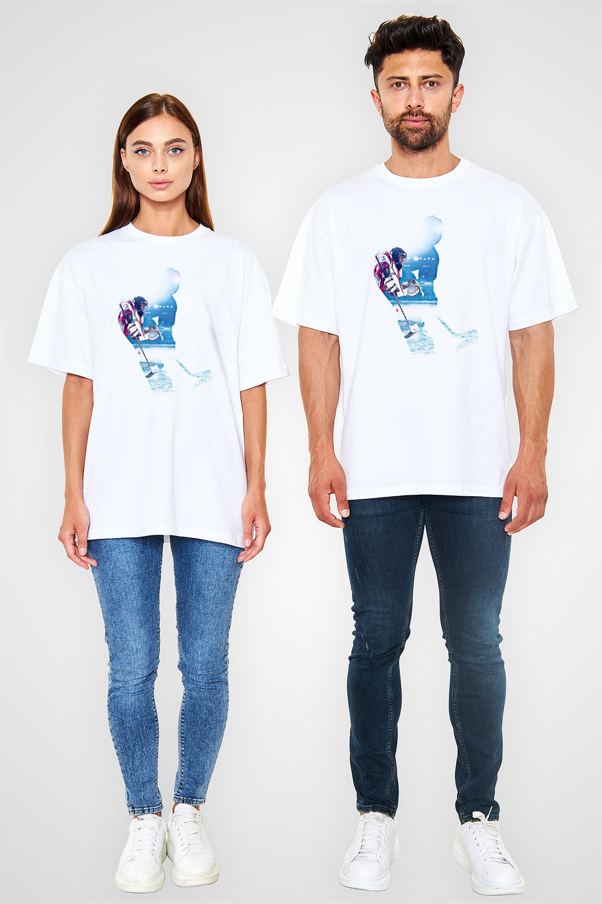 Hokey Baskılı Unisex Beyaz Oversize Tişört - Tshirt
