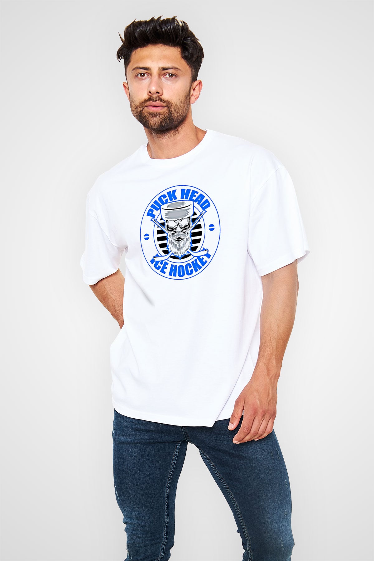 Hokey Baskılı Unisex Beyaz Oversize Tişört - Tshirt