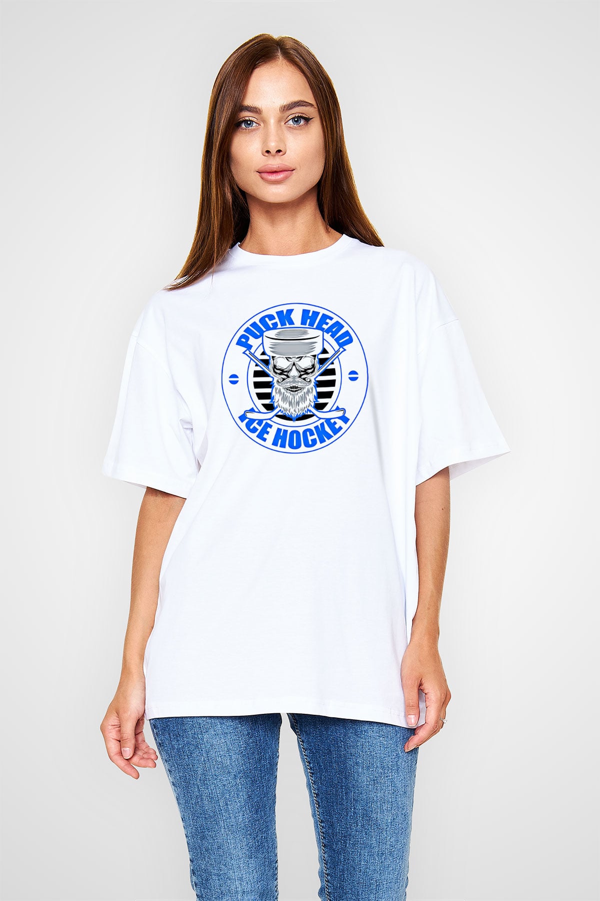 Hokey Baskılı Unisex Beyaz Oversize Tişört - Tshirt