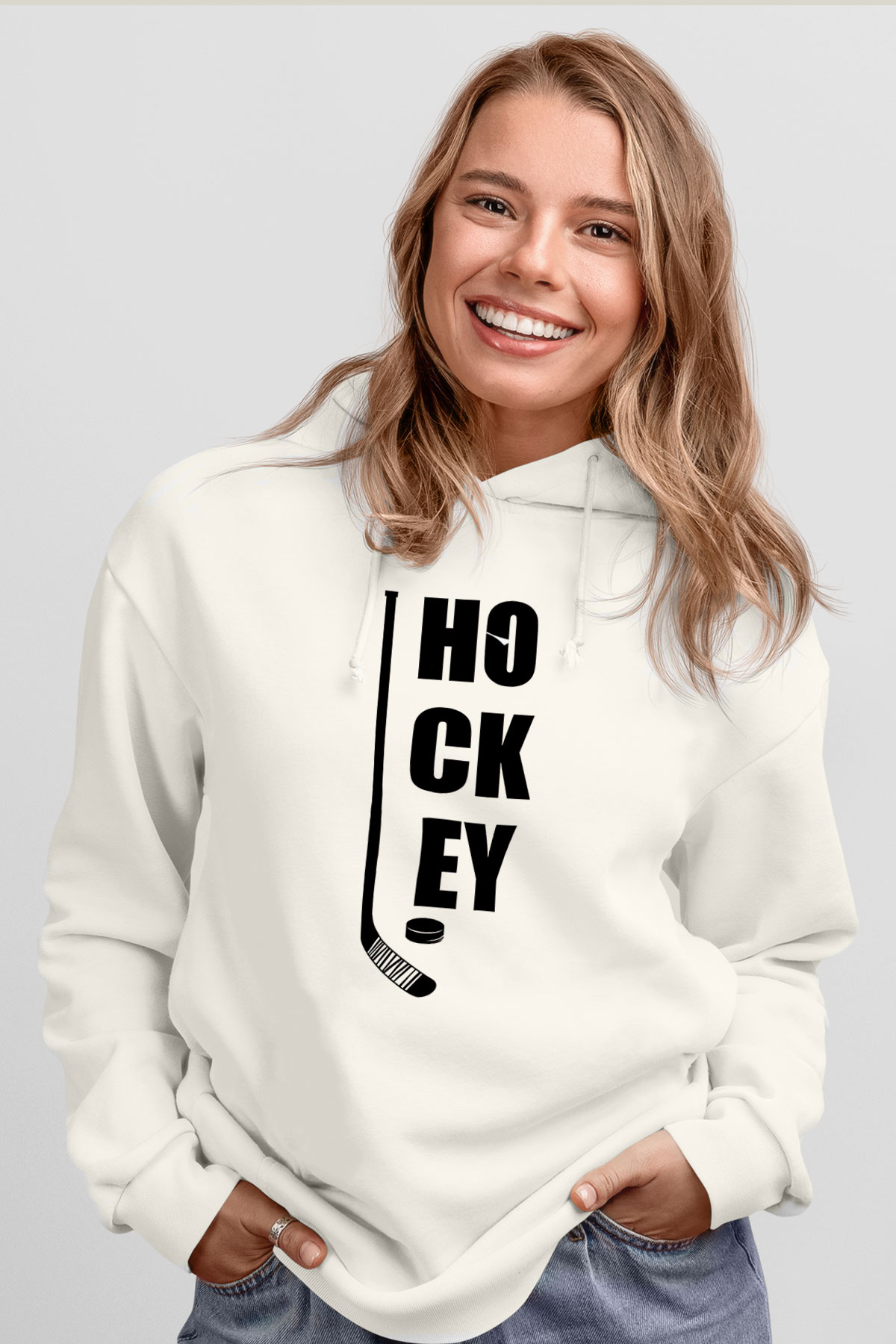 Hokey Baskılı Unisex Ekru Hoodie