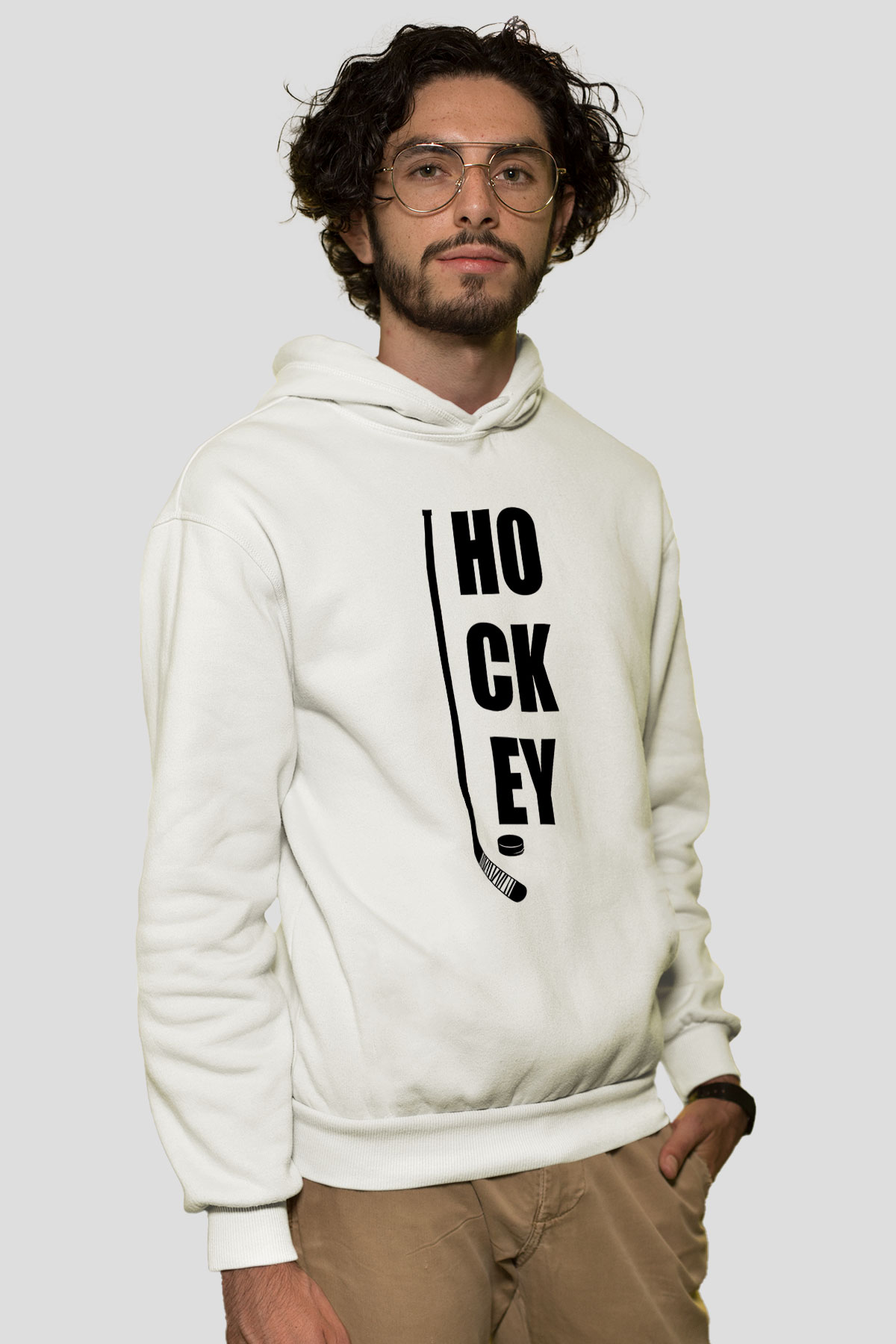 Hokey Baskılı Unisex Ekru Hoodie