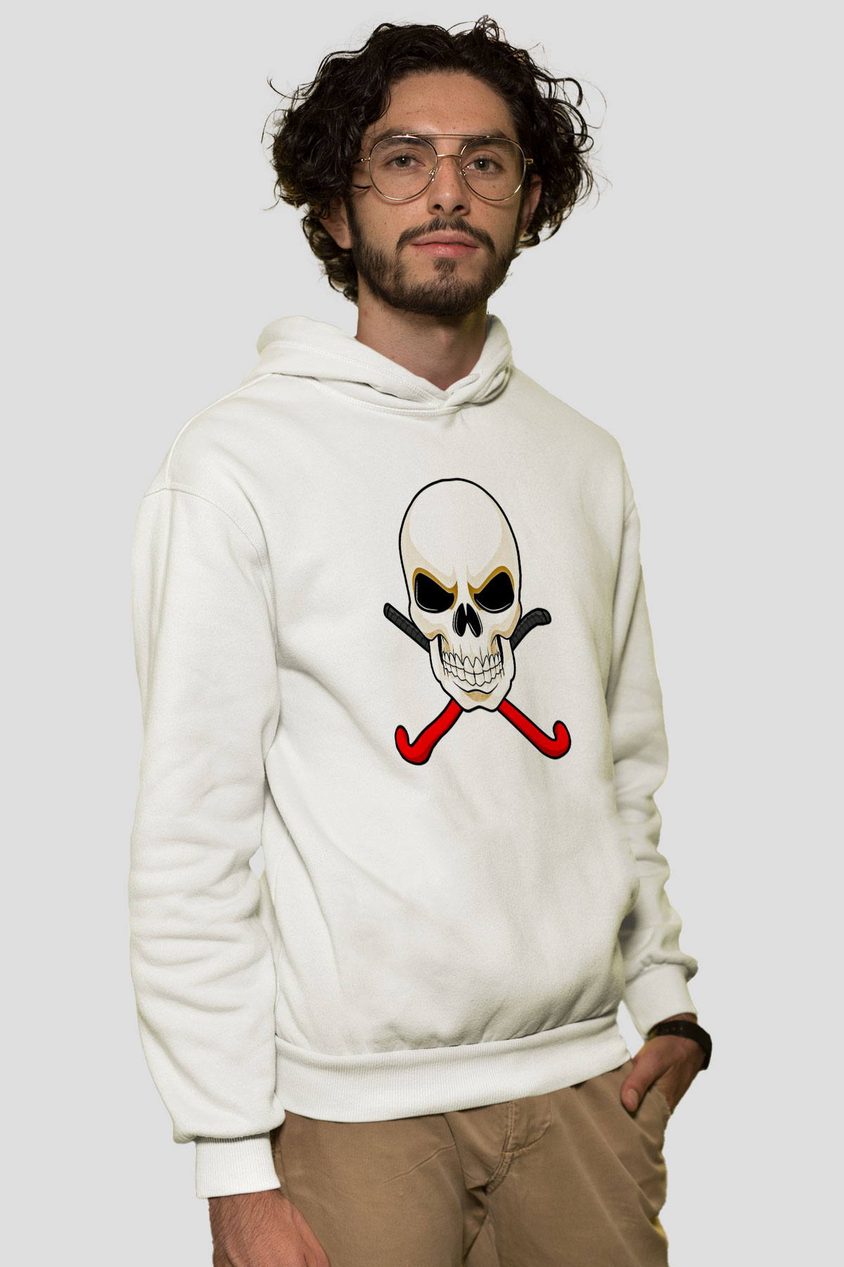 Hokey Baskılı Unisex Ekru Hoodie
