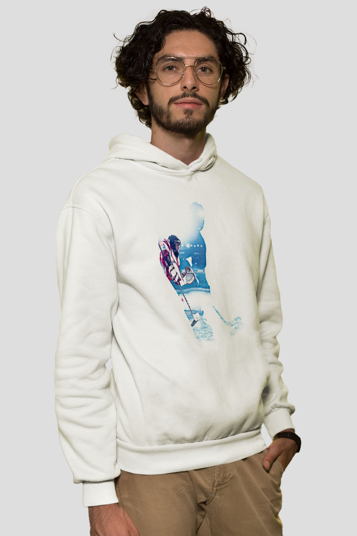 Hokey Baskılı Unisex Ekru Hoodie