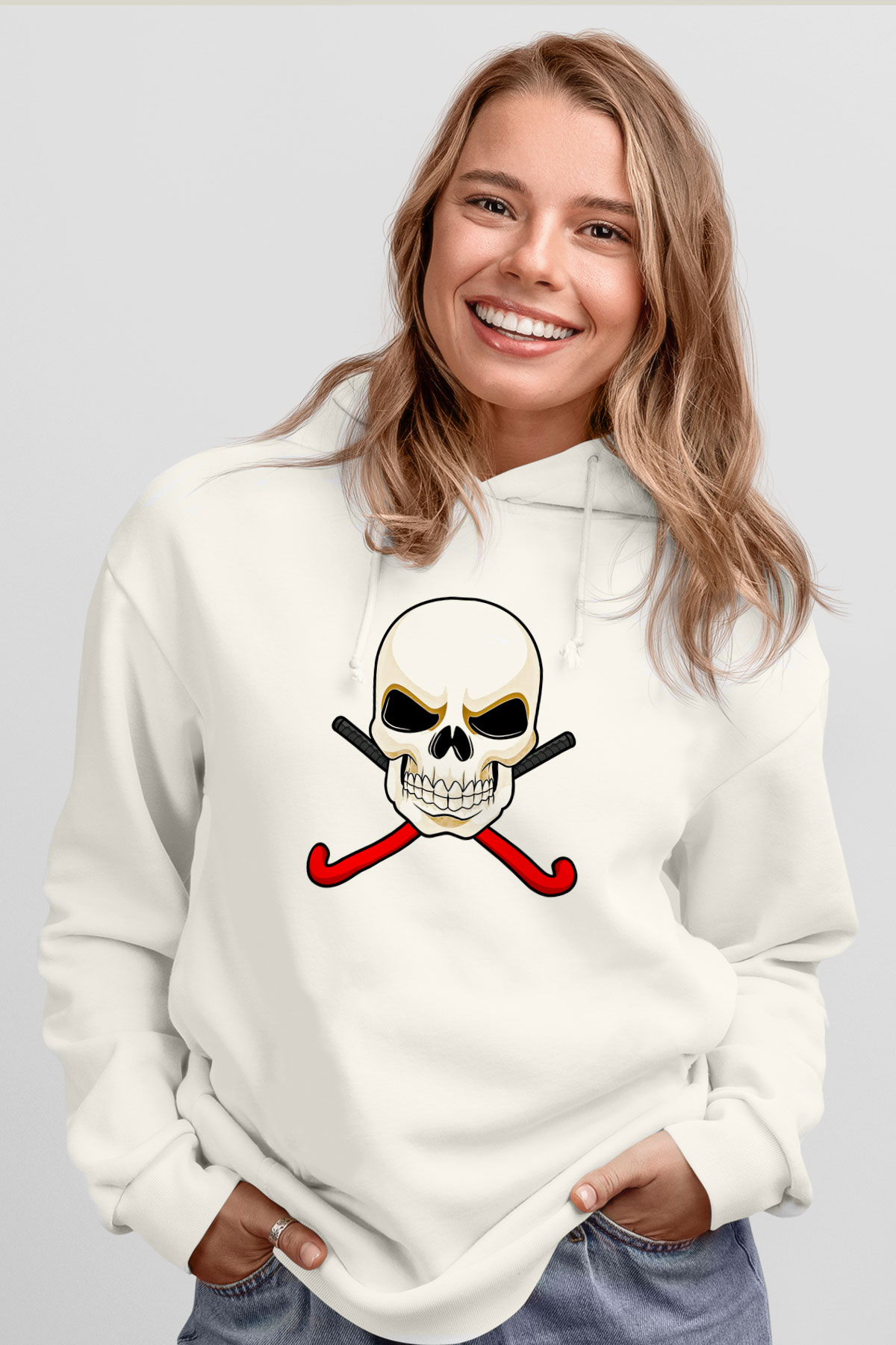 Hokey Baskılı Unisex Ekru Hoodie