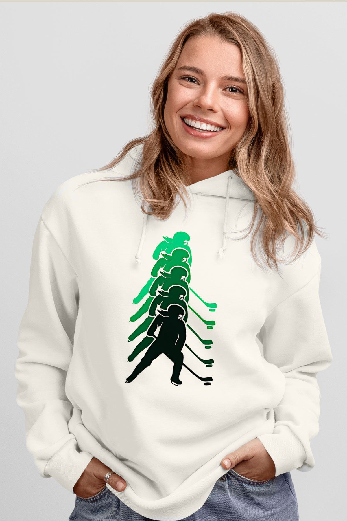 Hokey Baskılı Unisex Ekru Hoodie