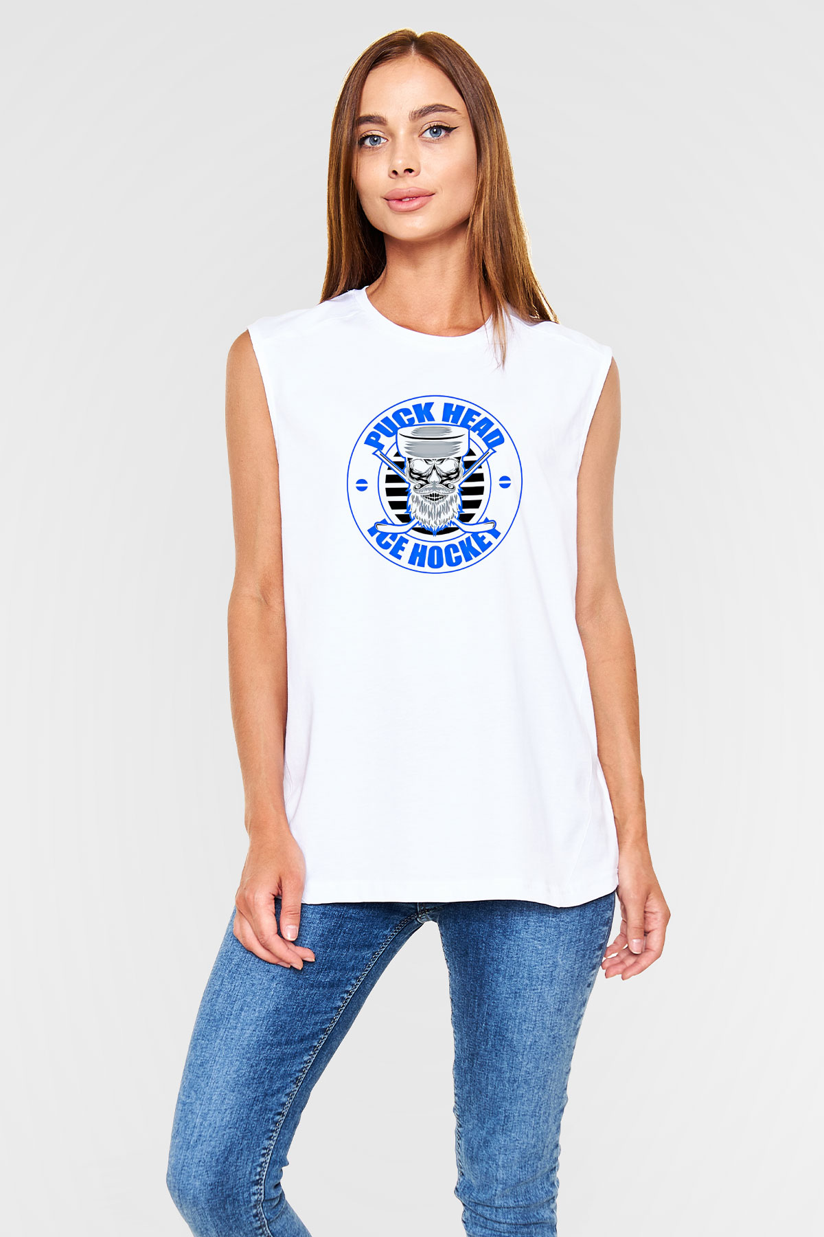 Hokey Baskılı Unisex Kolsuz Beyaz Tişört