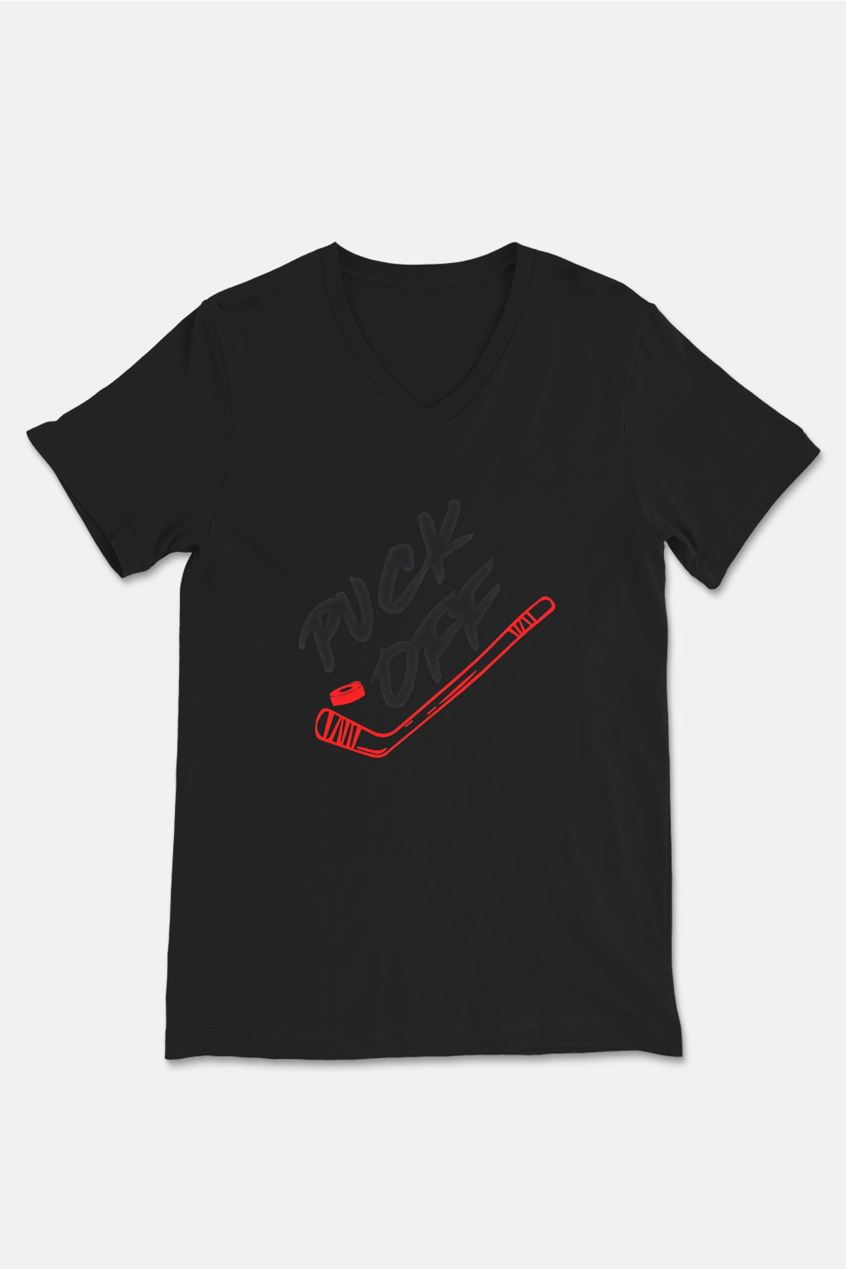Hokey Baskılı Unisex Siyah V Yaka Tişört