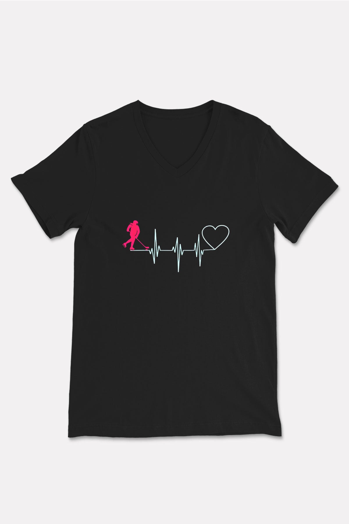 Hokey Baskılı Unisex Siyah V Yaka Tişört
