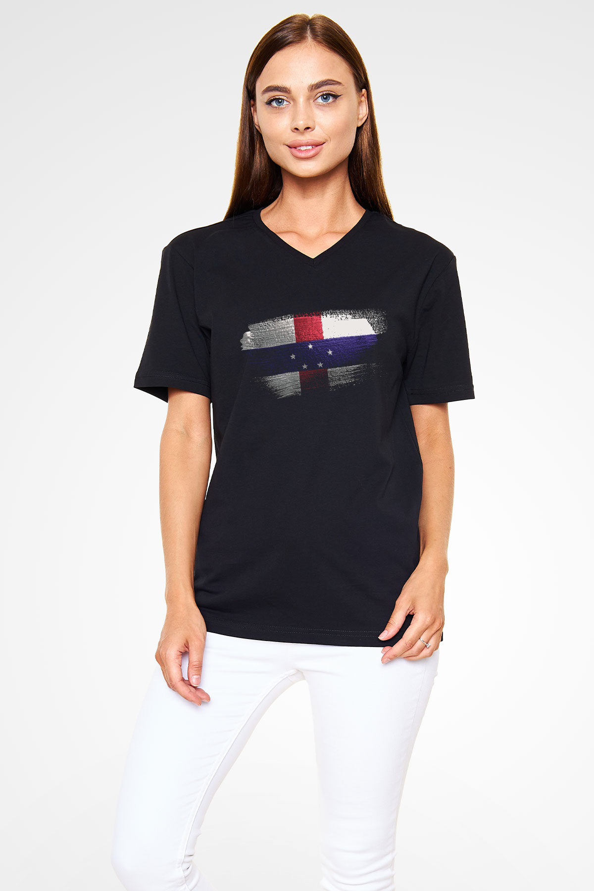 Hollanda Antilleri - Netherlands Antilles Bayrağı Baskılı Unisex Siyah V Yaka Tişört