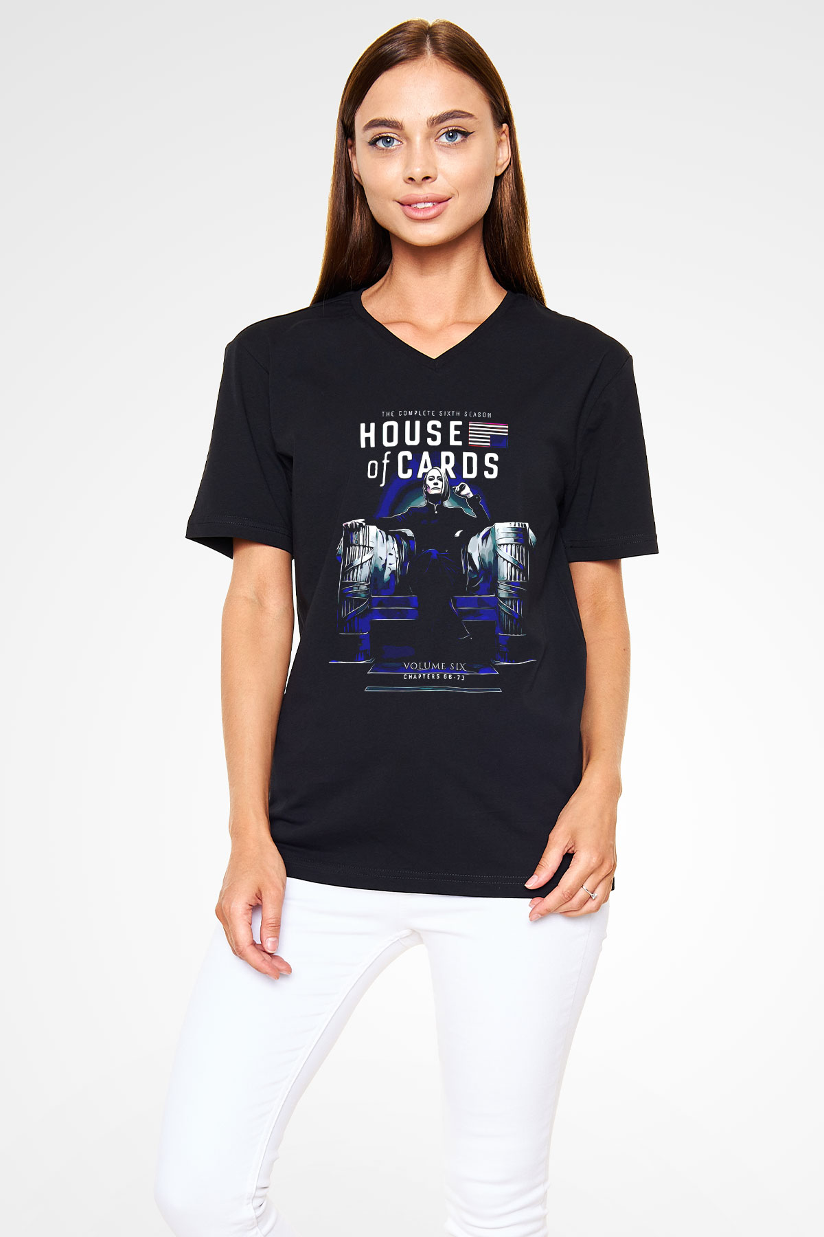 House of Cards Siyah Unisex V Yaka Tişört