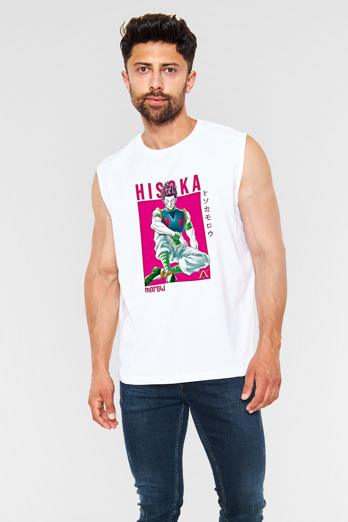 Hunter X Hunter Baskılı Beyaz Unisex Kolsuz Tişört - Tshirt