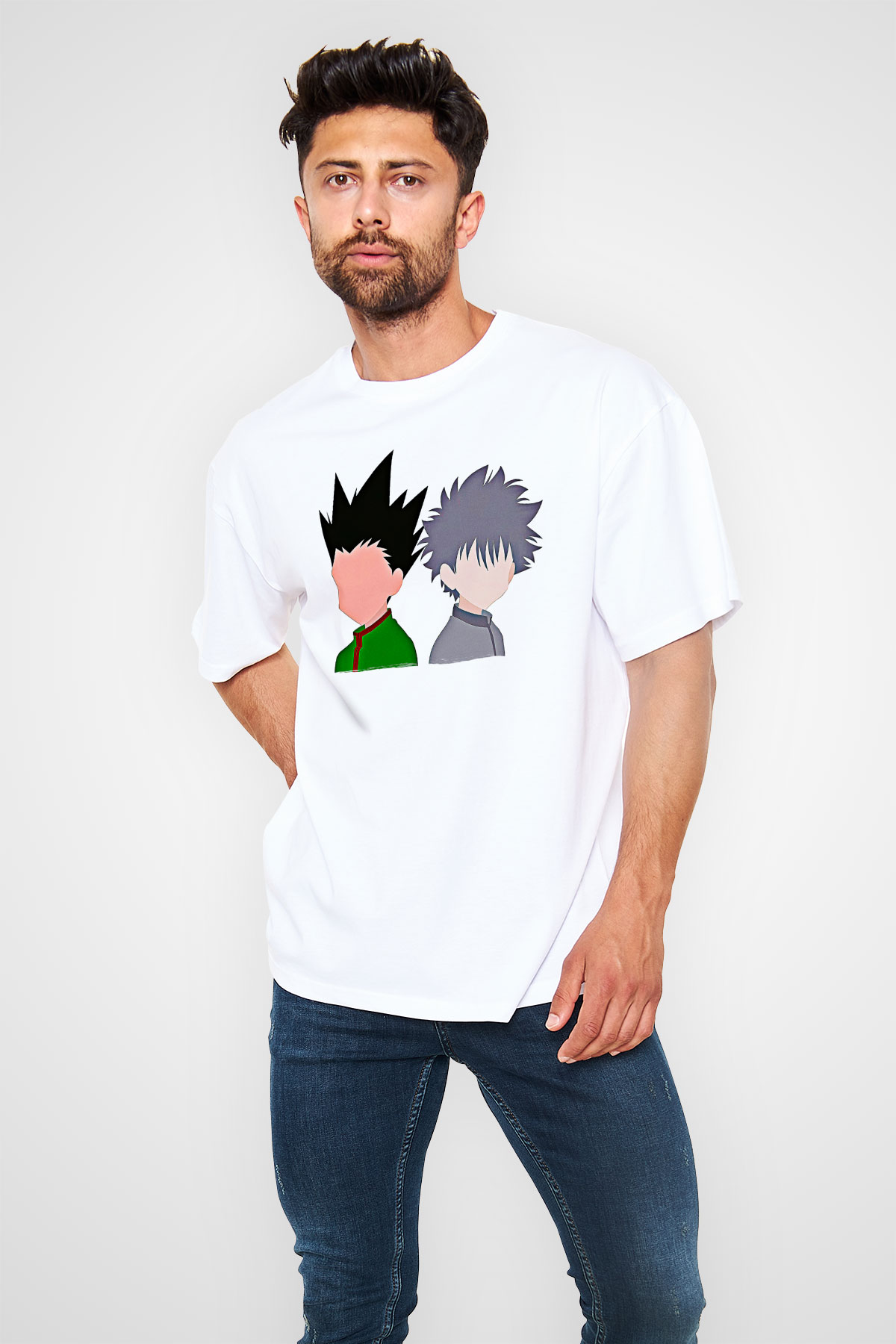 Hunter X Hunter Baskılı Beyaz Unisex Oversize Tişört - Tshirt