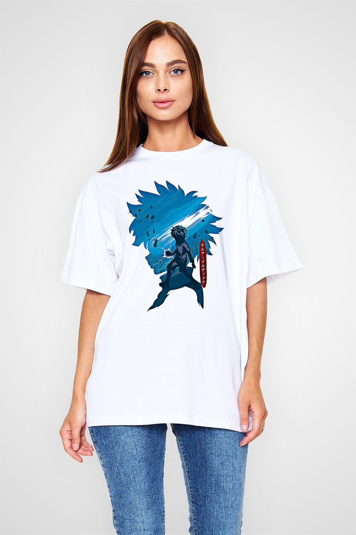 Hunter X Hunter Baskılı Beyaz Unisex Oversize Tişört - Tshirt