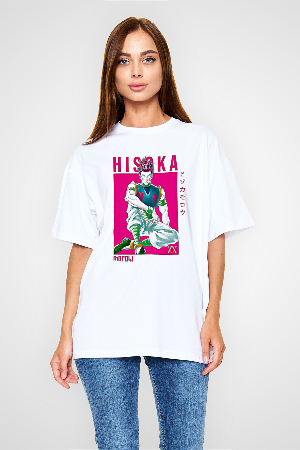 Hunter X Hunter Baskılı Beyaz Unisex Oversize Tişört - Tshirt