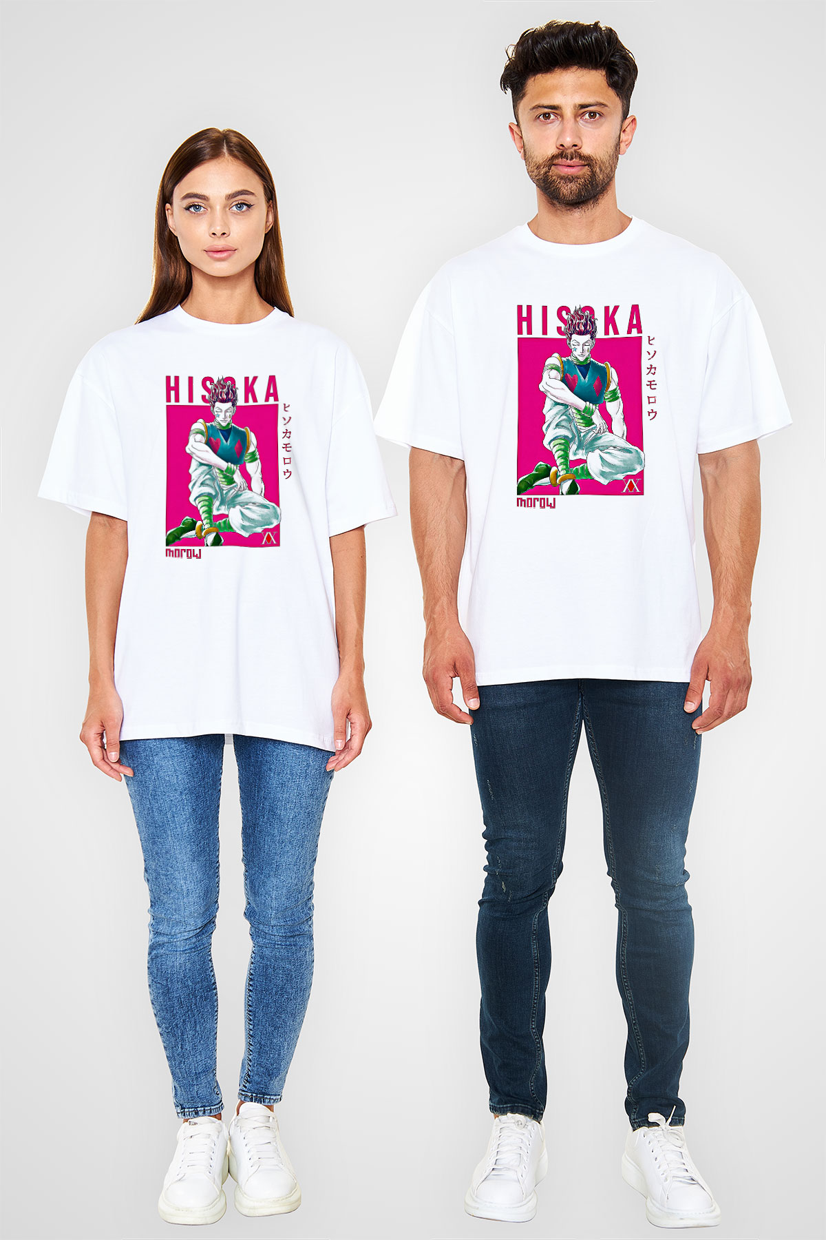 Hunter X Hunter Baskılı Beyaz Unisex Oversize Tişört - Tshirt