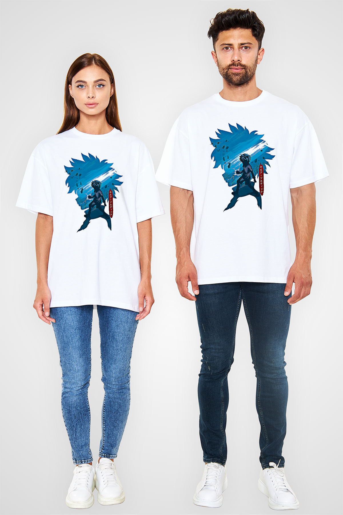 Hunter X Hunter Baskılı Beyaz Unisex Oversize Tişört - Tshirt