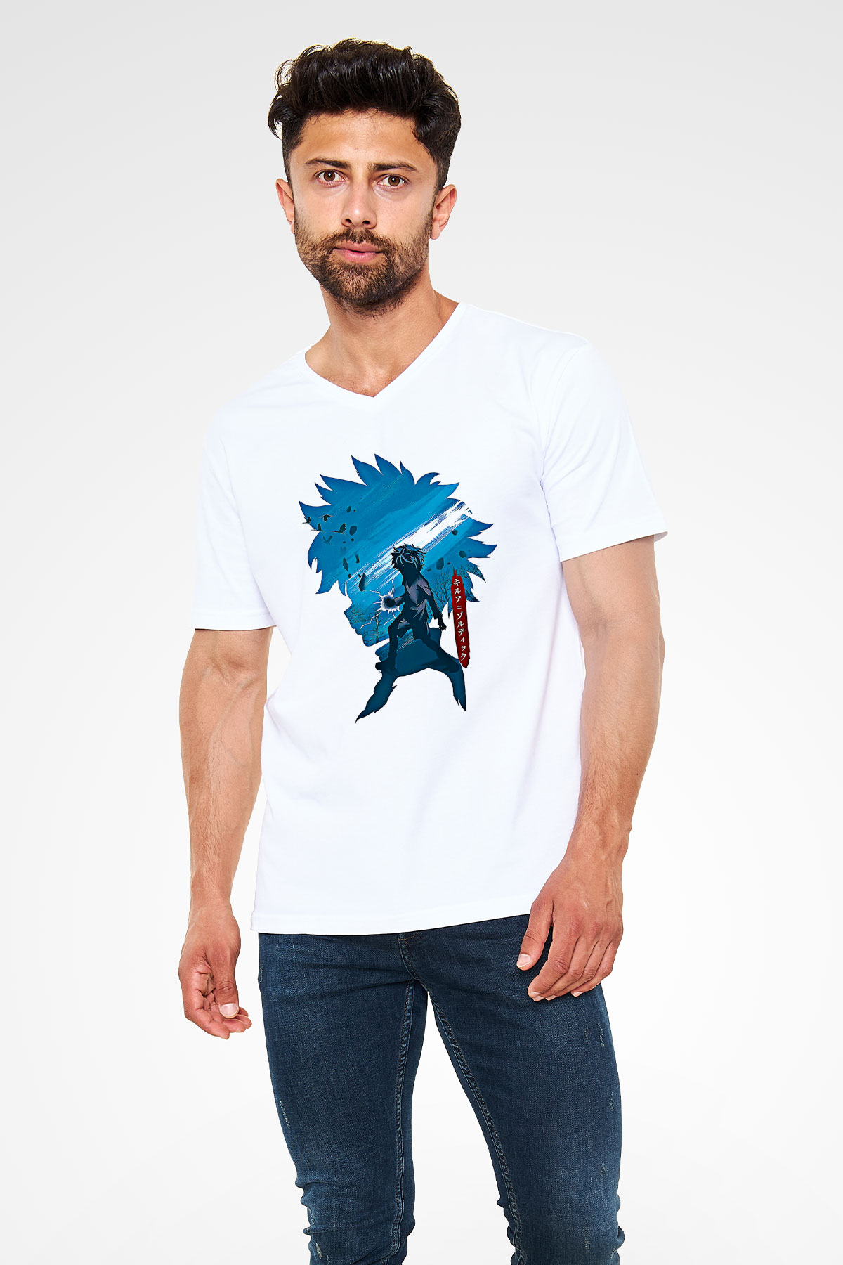 Hunter X Hunter Baskılı Beyaz Unisex V Yaka Tişört - Tshirt