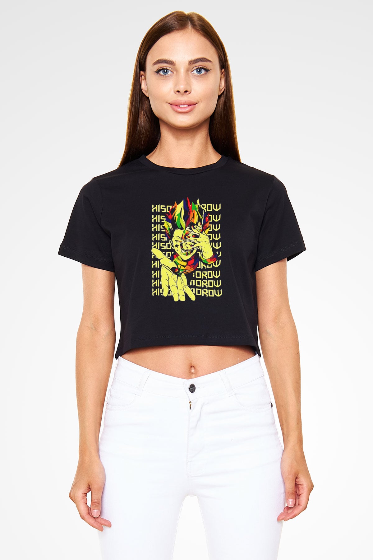 Hunter X Hunter Baskılı Siyah Crop Top Kadın Tişört - Tshirt