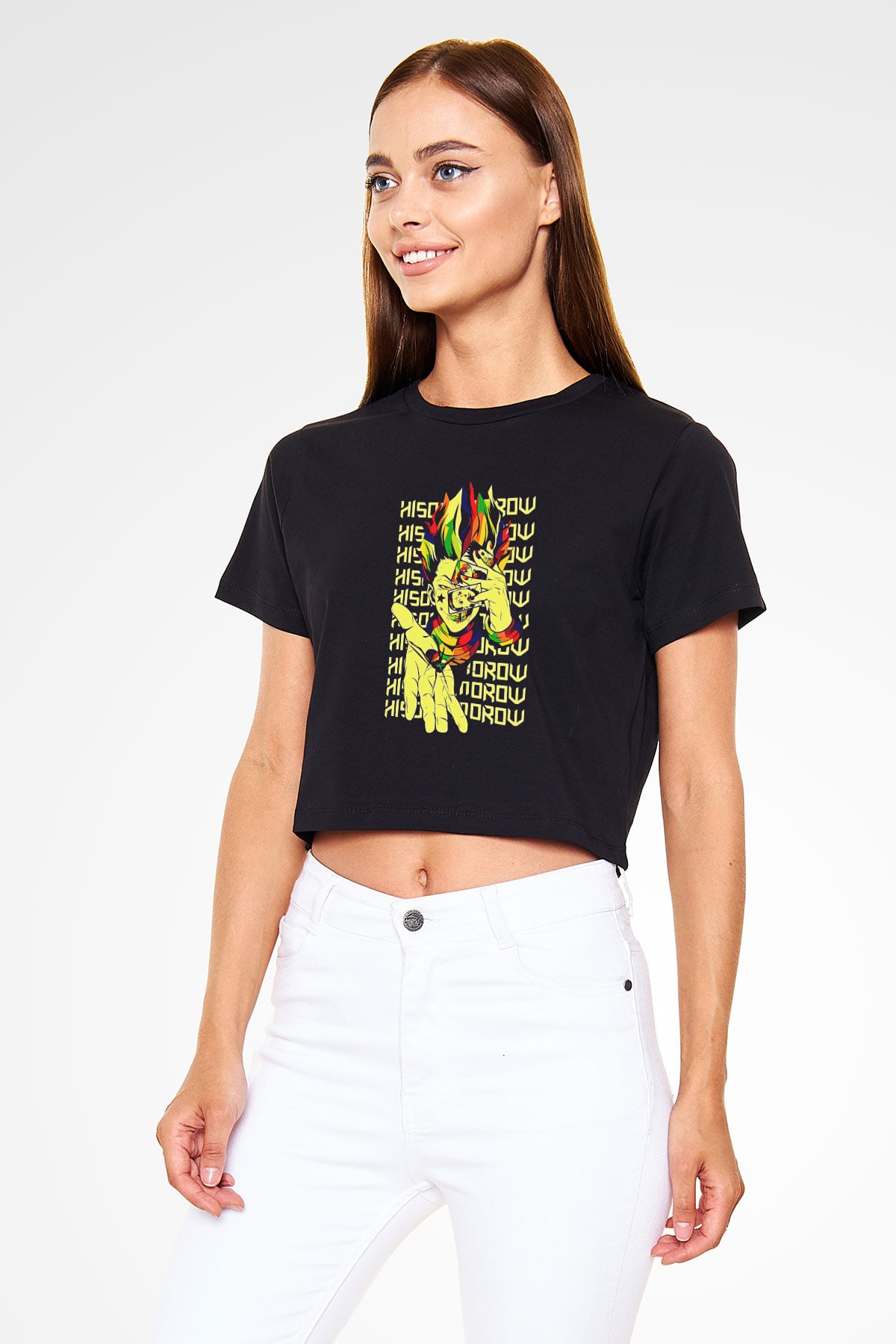 Hunter X Hunter Baskılı Siyah Crop Top Kadın Tişört - Tshirt