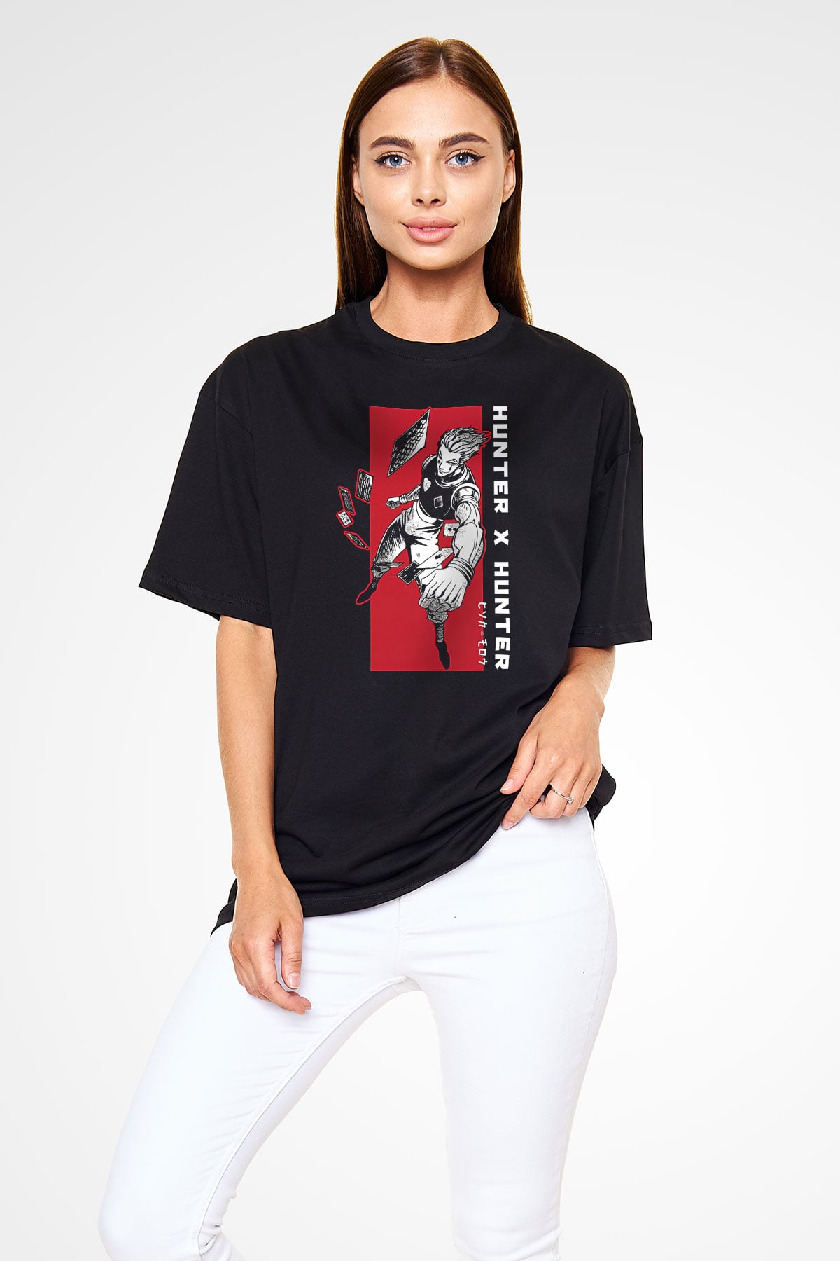 Hunter X Hunter Baskılı Unisex Siyah Oversize Tişört - Tshirt