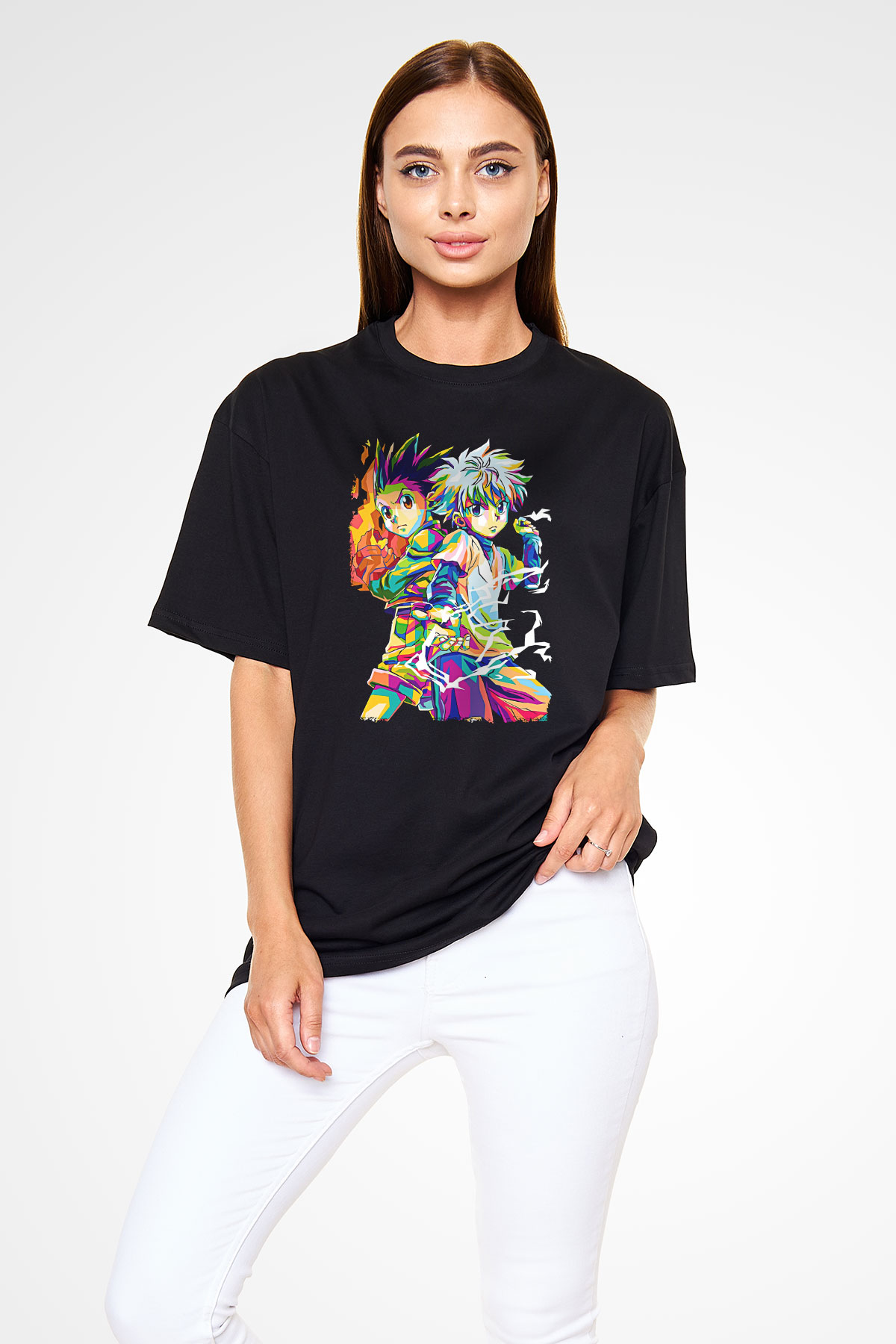 Hunter X Hunter Baskılı Unisex Siyah Oversize Tişört - Tshirt