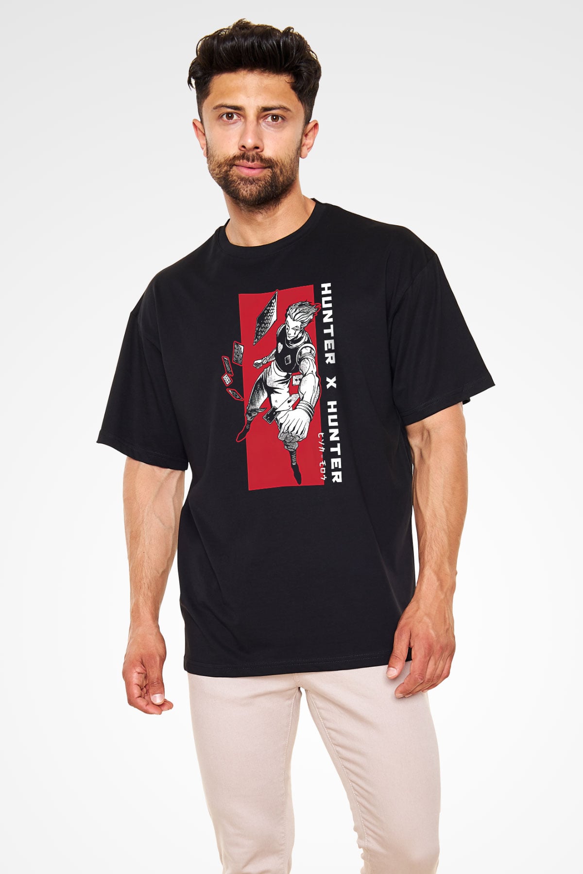 Hunter X Hunter Baskılı Unisex Siyah Oversize Tişört - Tshirt