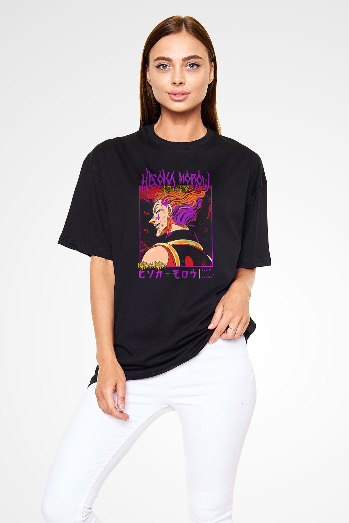 Hunter X Hunter Baskılı Unisex Siyah Oversize Tişört - Tshirt