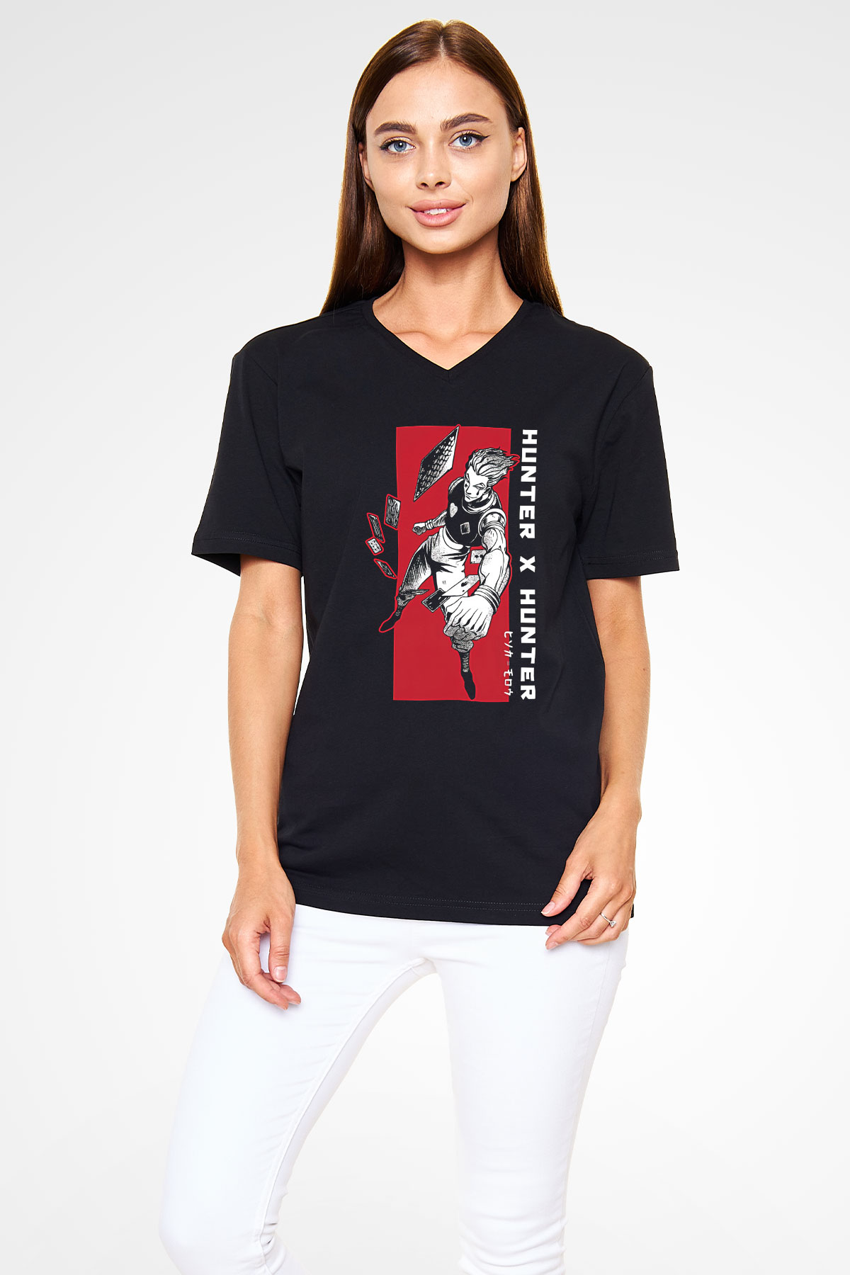 Hunter X Hunter Baskılı Unisex Siyah V Yaka Tişört - Tshirt