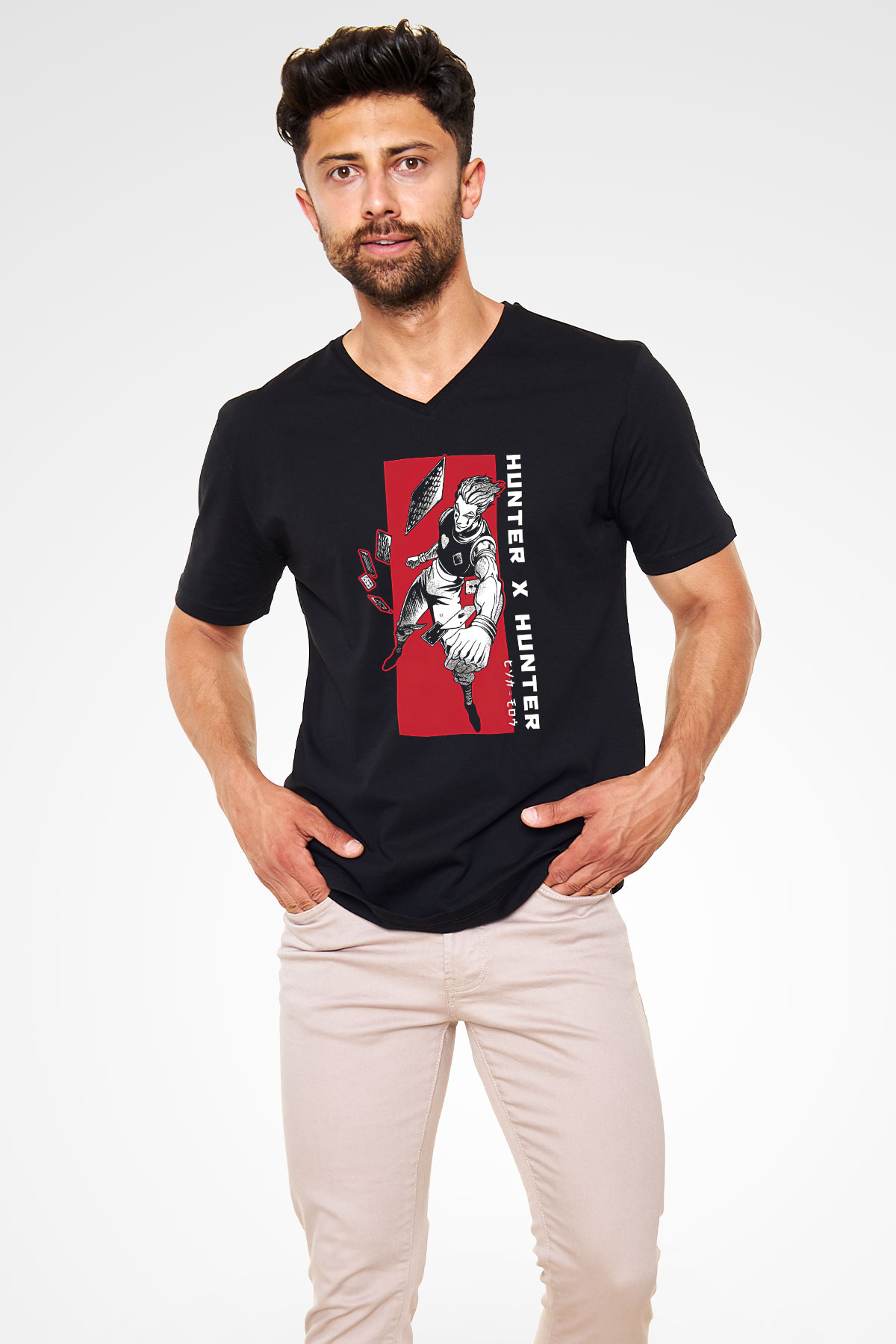 Hunter X Hunter Baskılı Unisex Siyah V Yaka Tişört - Tshirt