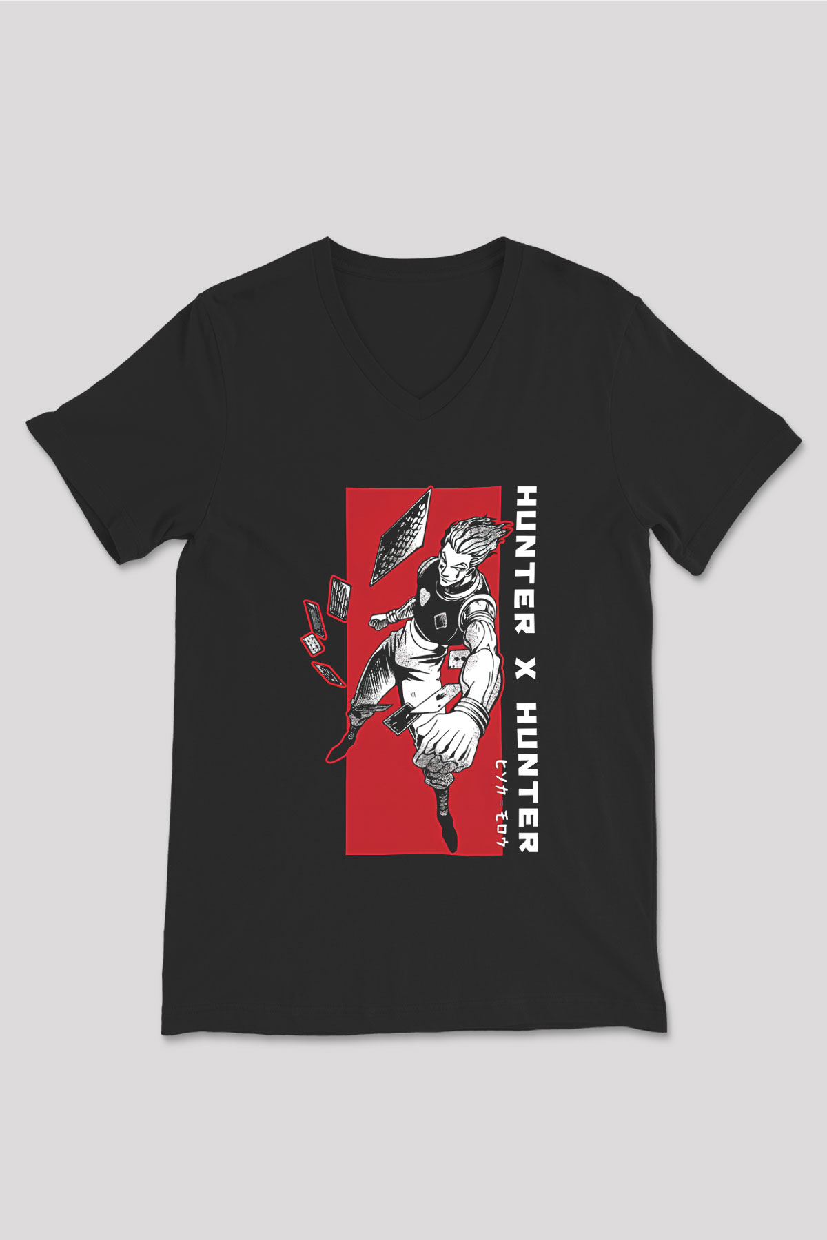 Hunter X Hunter Baskılı Unisex Siyah V Yaka Tişört - Tshirt