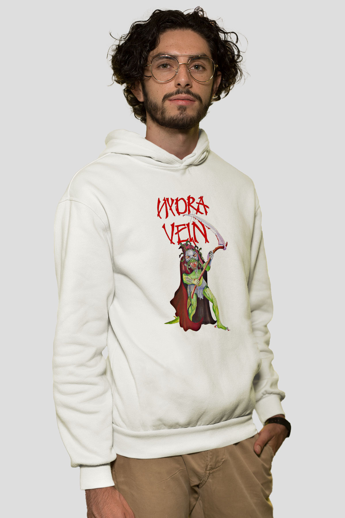 Hydra Vein Baskılı Unisex Beyaz Hoodie