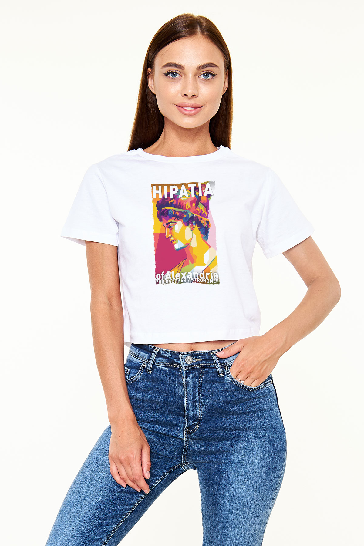Hypatia of Alexandria Baskılı Kadın Crop Top Beyaz Tişört