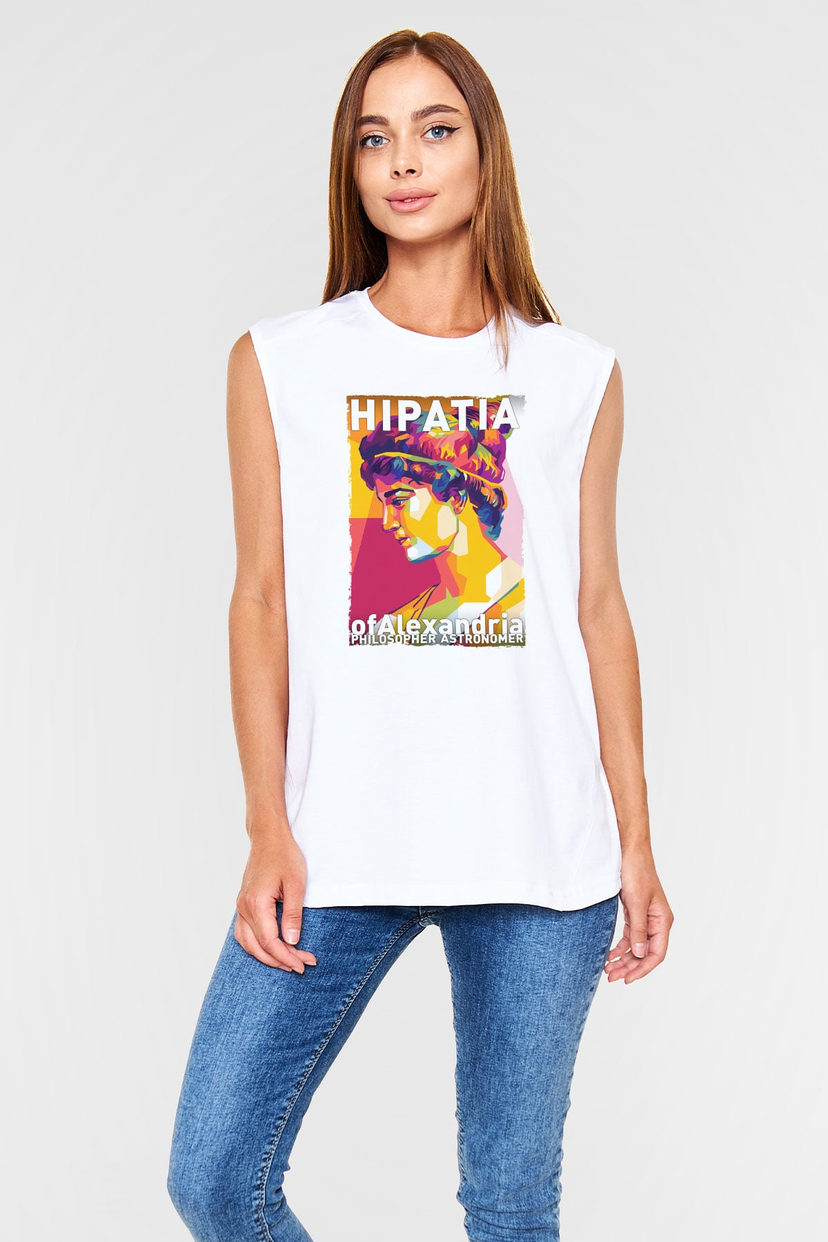 Hypatia of Alexandria Baskılı Unisex Kolsuz Beyaz Tişört - Tshirt