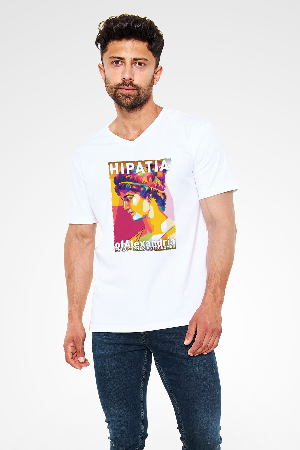 Hypatia of Alexandria Baskılı Unisex V Yaka Beyaz Tişört - Tshirt