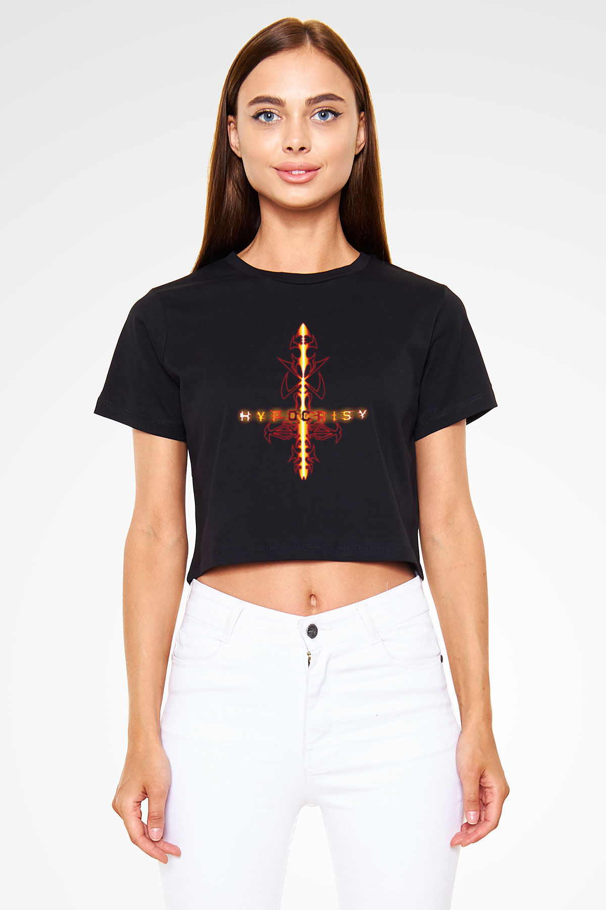 Hypocrispy Baskılı Siyah Crop Top Kadın Tişört - Tshirt