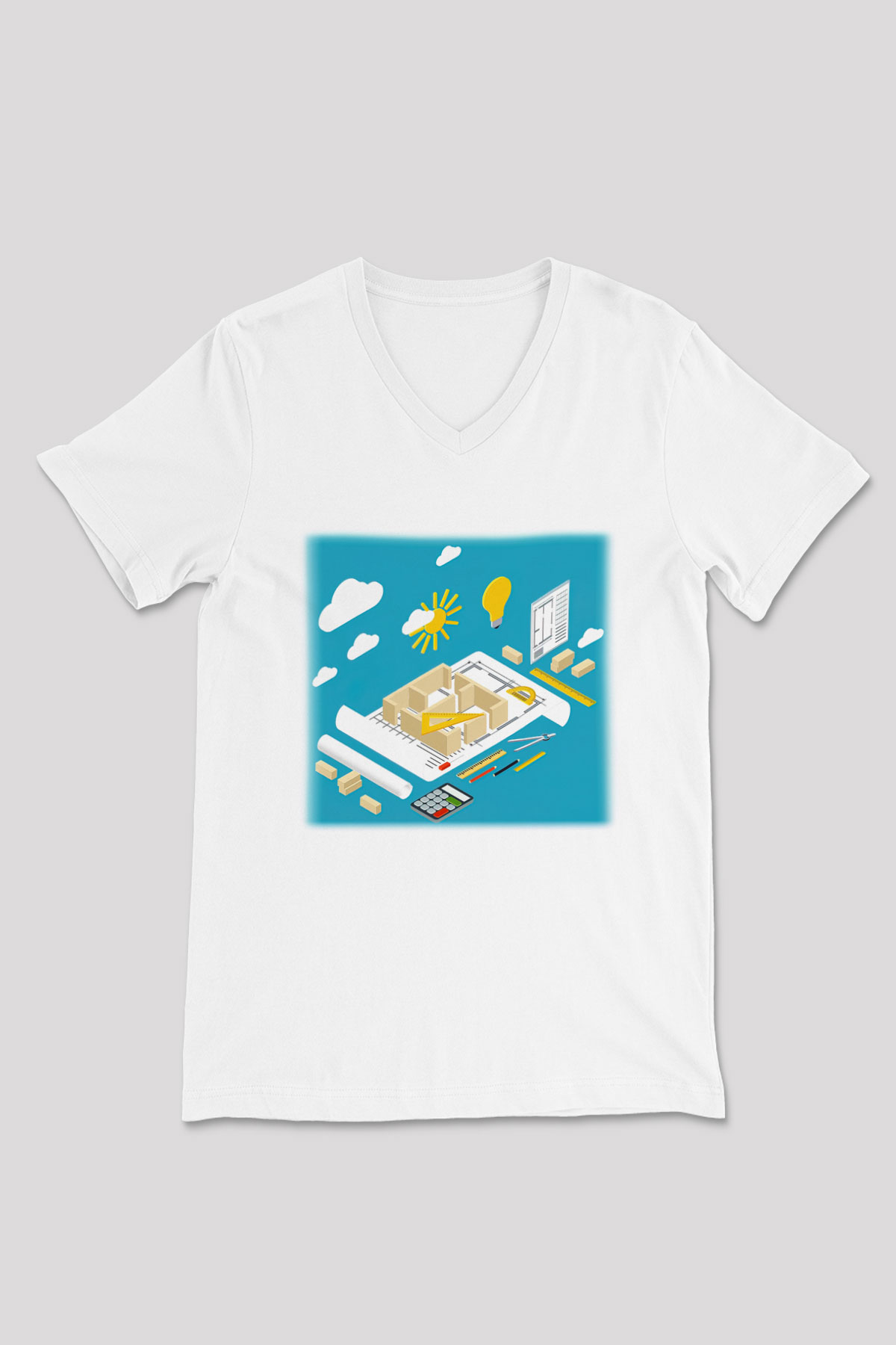 İç mimar Beyaz Unisex V Yaka Tişört T-Shirt