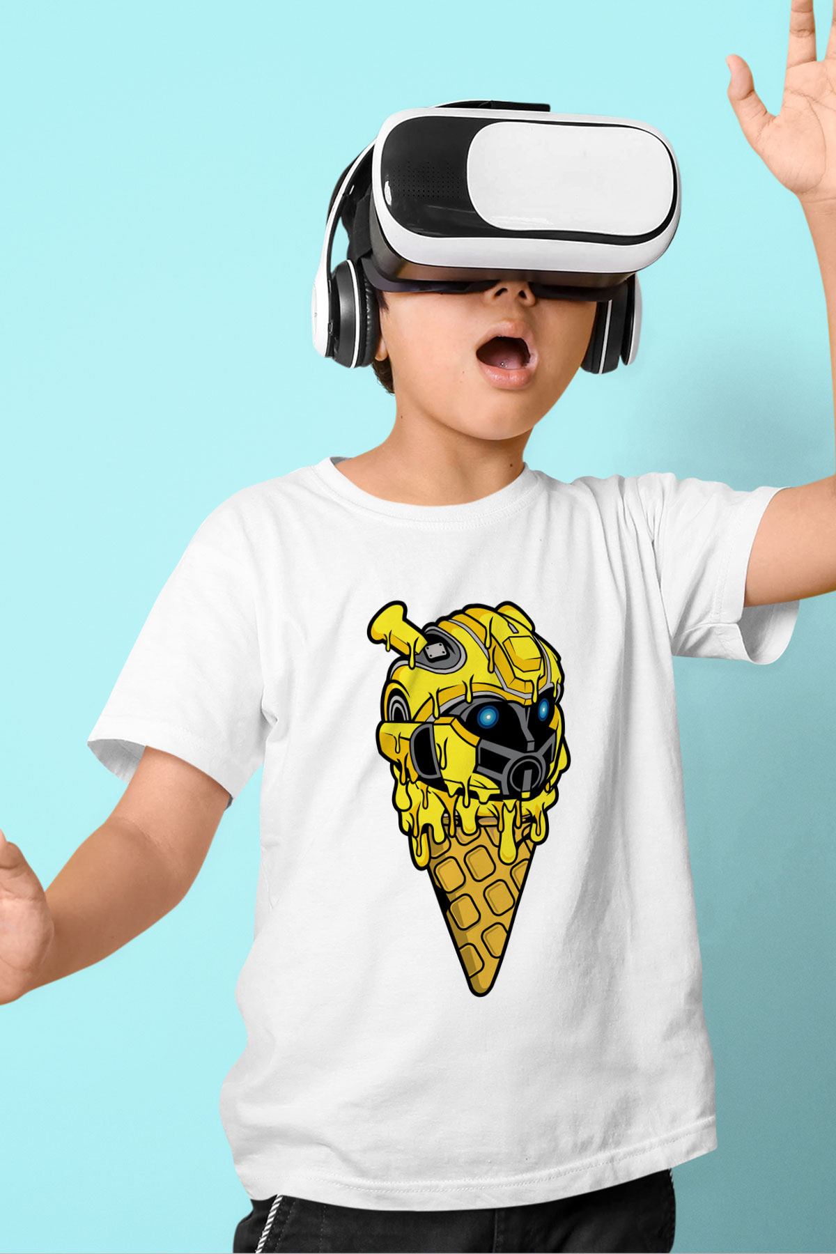 Ice Cream Bumble Bee Baskılı Unisex Beyaz Çocuk Tişört