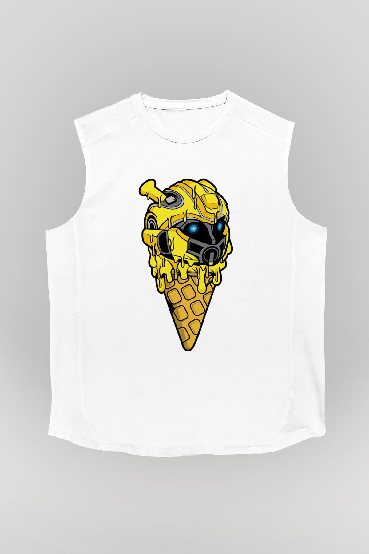 Ice Cream Bumble Bee Baskılı Unisex Beyaz Kolsuz Tişört