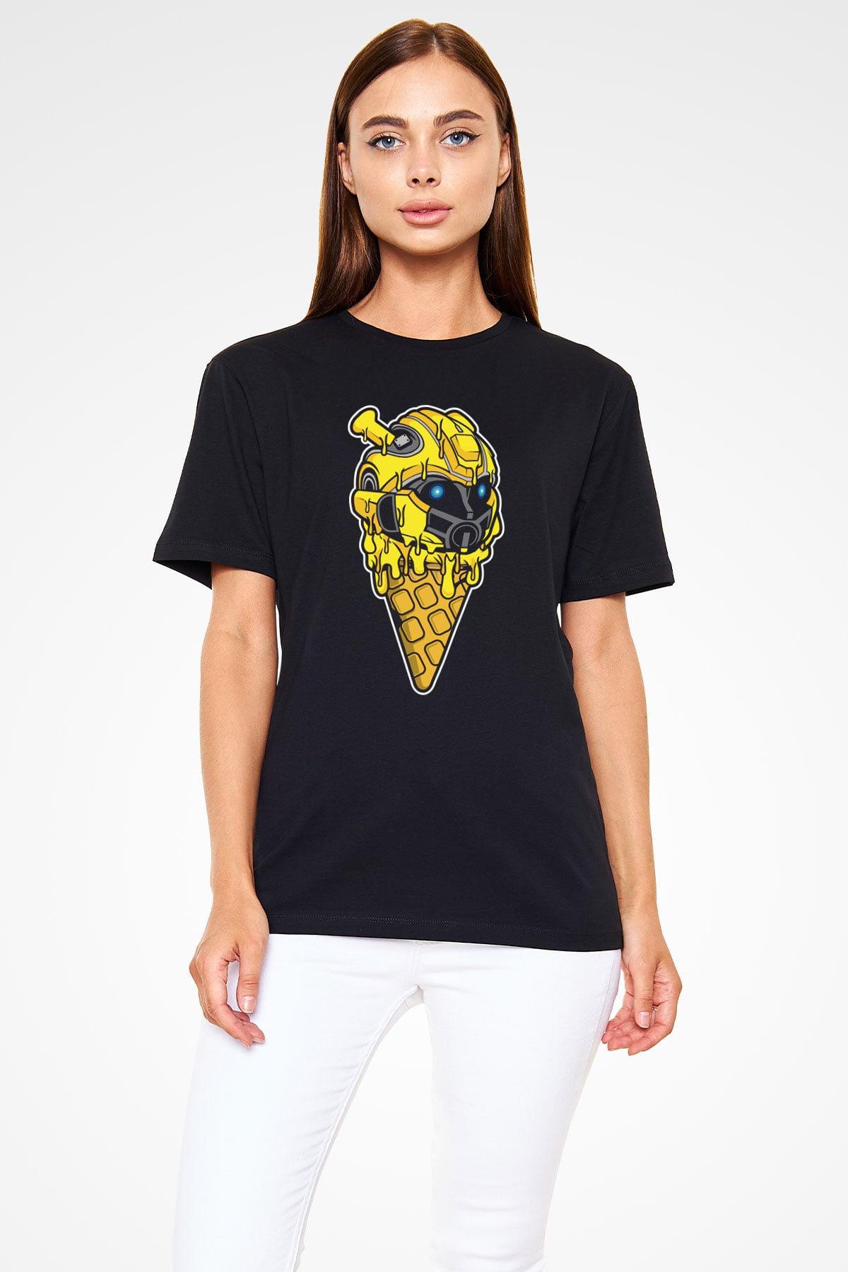 Ice Cream Bumble Bee Baskılı Unisex Siyah Tişört