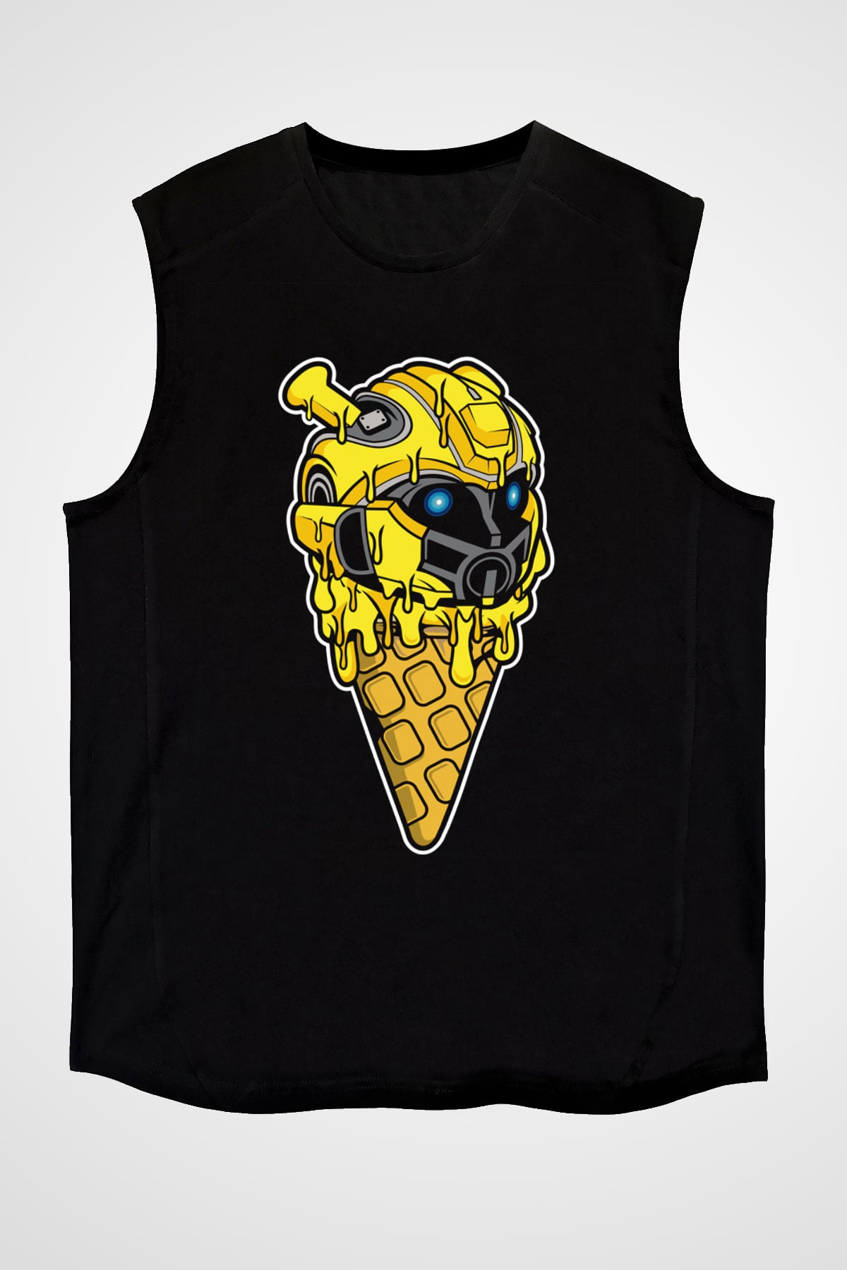 Ice Cream Bumble Bee Baskılı Unisex Siyah Kolsuz Tişört