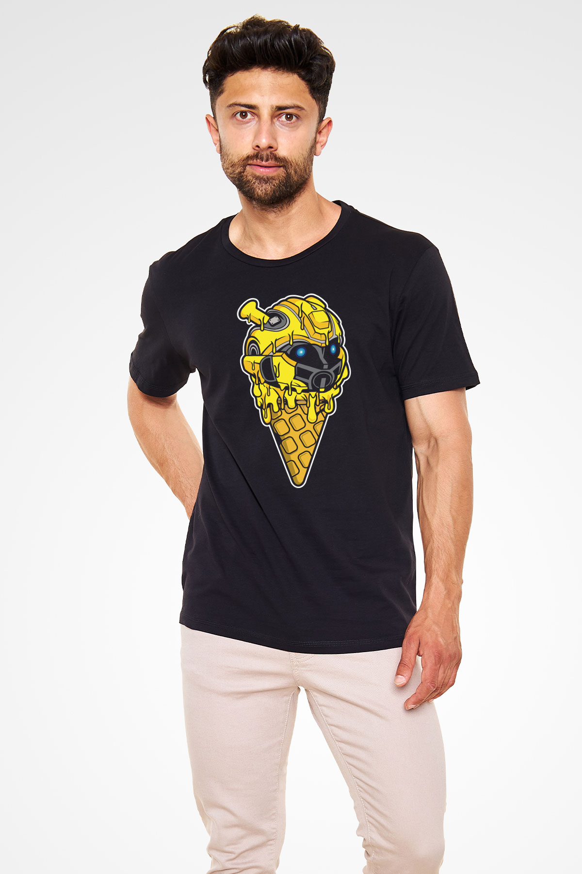 Ice Cream Bumble Bee Baskılı Unisex Siyah Tişört