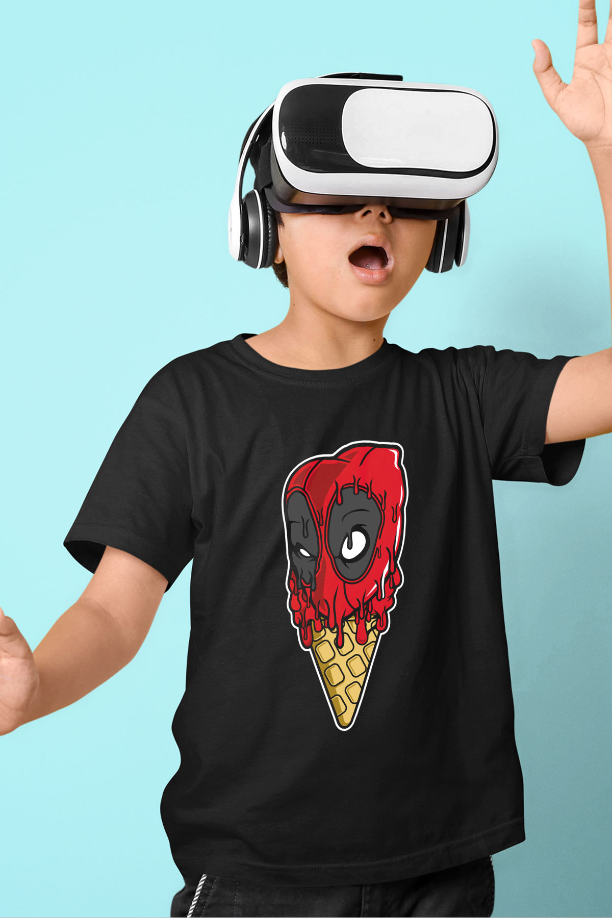 Ice Cream Deadpool Baskılı Unisex Siyah Çocuk Tişört