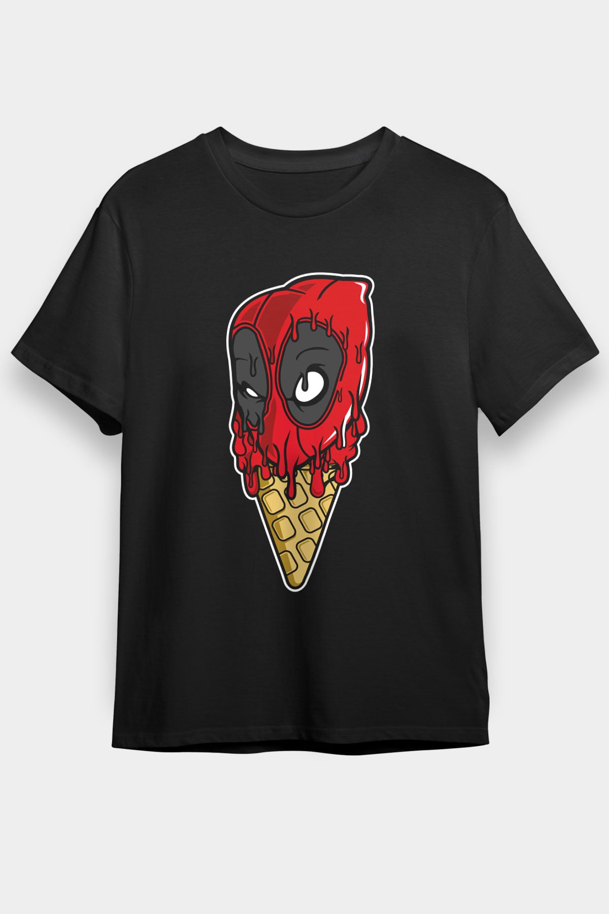 Ice Cream Deadpool Baskılı Unisex Siyah Tişört