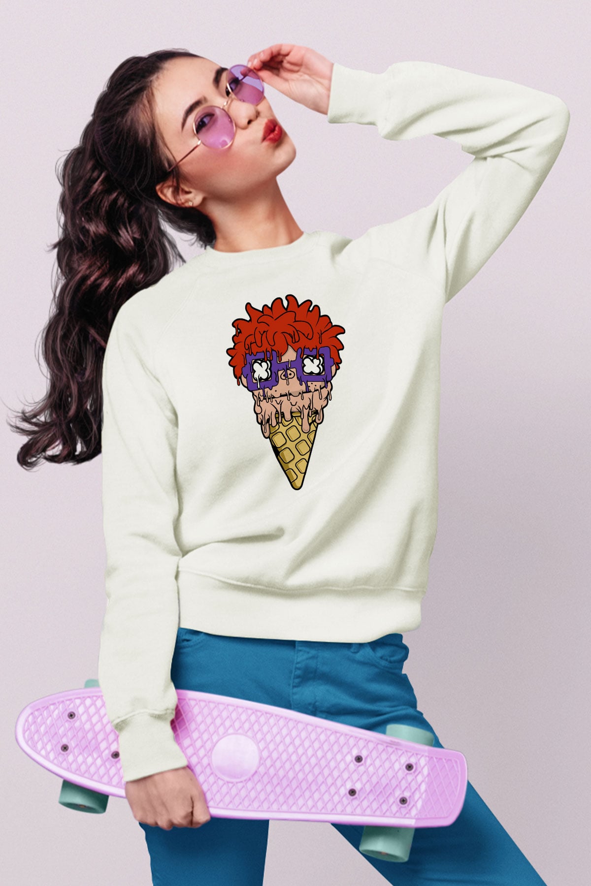 Ice Cream Rugrat Baskılı Unisex Beyaz Sweatshirt
