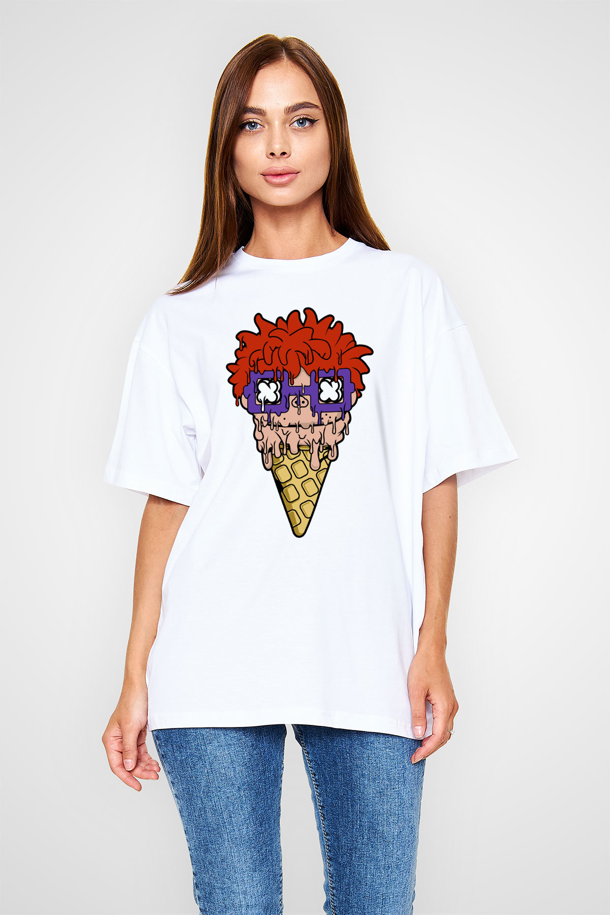 Ice Cream Rugrat Baskılı Unisex Beyaz Oversize Tişört