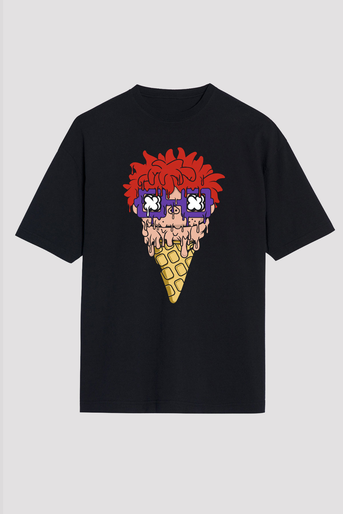 Ice Cream Rugrat Baskılı Unisex Siyah Oversize Tişört