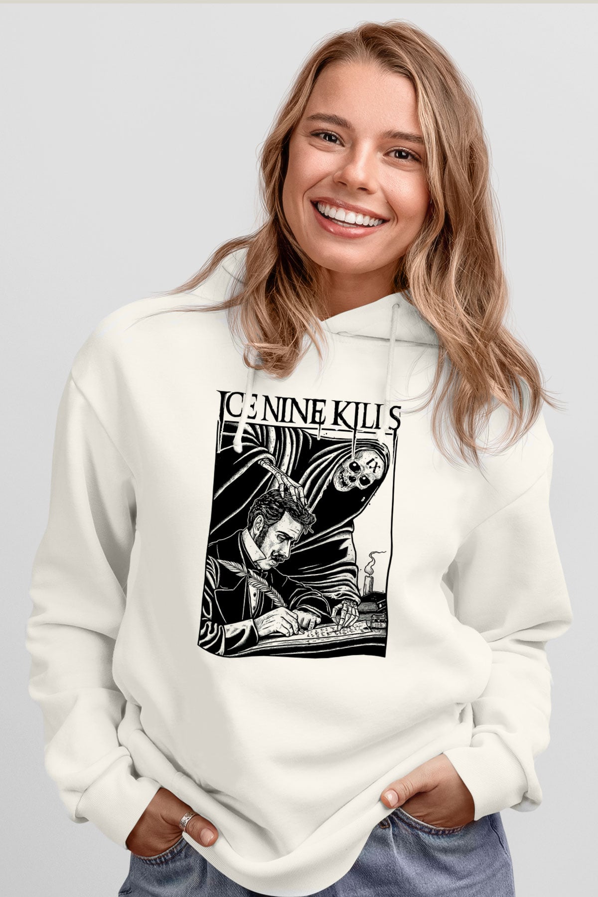 Ice Nine Kills Baskılı Beyaz Unisex Kapüşonlu Sweatshirt
