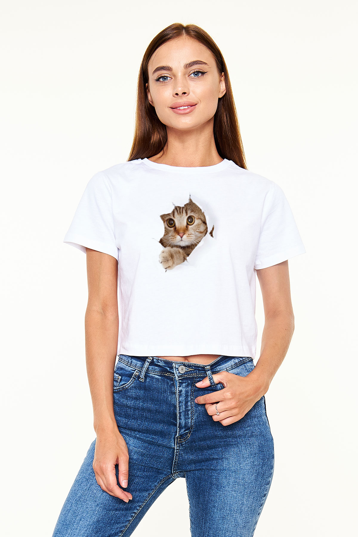 İçimdeki Şirin Kedi Temalı Baskılı  Beyaz  Crop Top Tişört