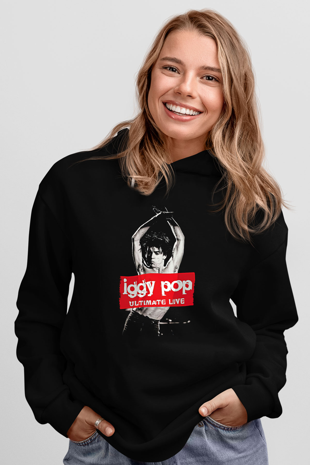 Iggy Pop Baskılı Unisex Siyah Kapüşonlu Sweatshirt